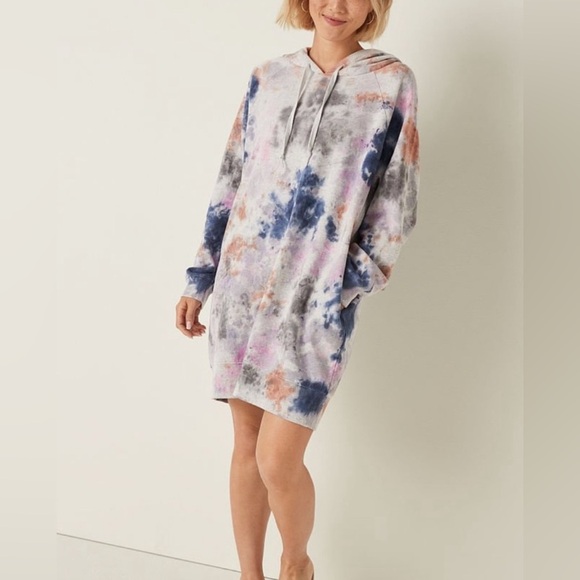VS PINK Oversized Sweatshirt Dress in Grey Tie Dye size XL - Picture 1 of 10